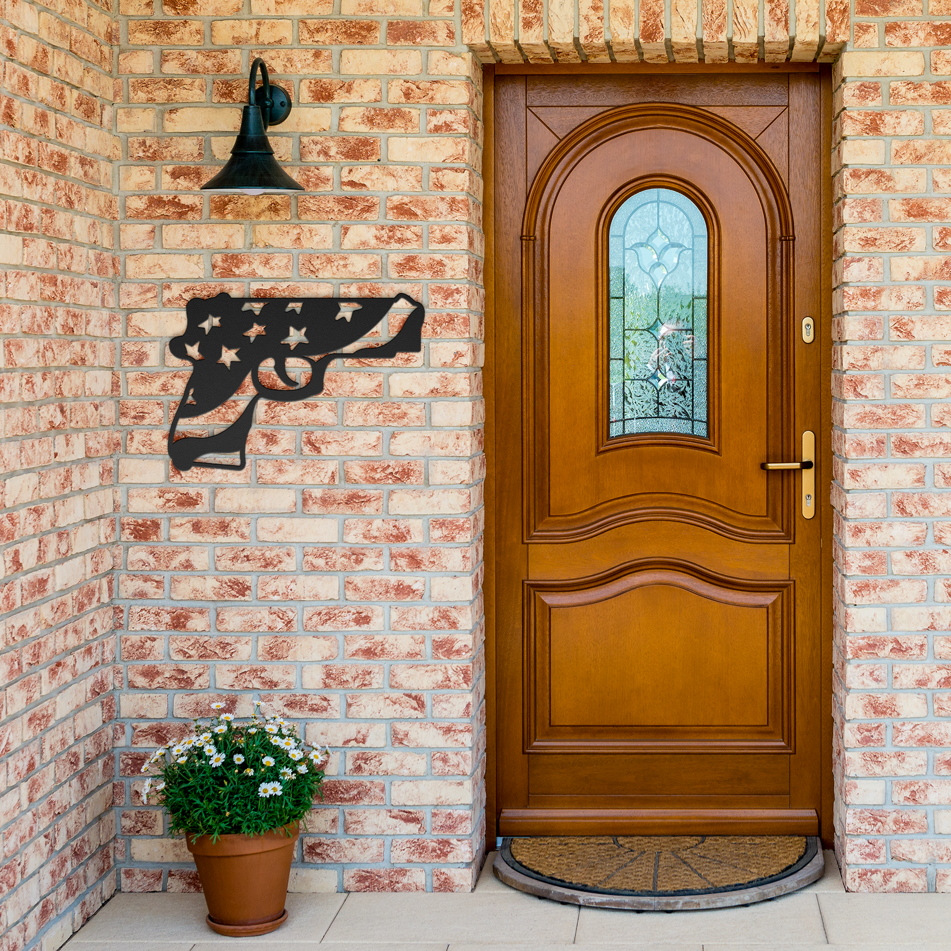 Patriotic_Handgun_Metal_Wall_Art_With_Fa_Black_Brick_Entrance_Mockup.png