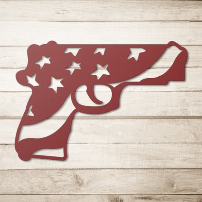 Patriotic_Handgun_Metal_Wall_Art_With_Fa_Red_Simple_Wood_BKGD_Mockup.png